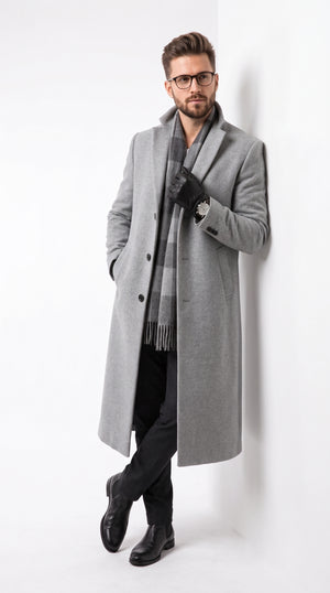 Men's Big & Tall Light Grey Long Wool-Blend Overcoat – Silver Gray Classic Winter Dress Topcoat for Men