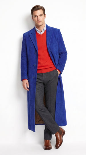 Men's Royal Blue Full Length Overcoat – Classic Long Winter Dress Coat, Elegant Formal Topcoat for Men