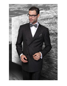 Statement Confidence Black Double Breasted Pinstripe Men'S Wool Italian Design Suit
