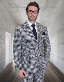 Statement Mens 2 Piece 100% Wool Double Breasted Suit Houndstooth Pattern