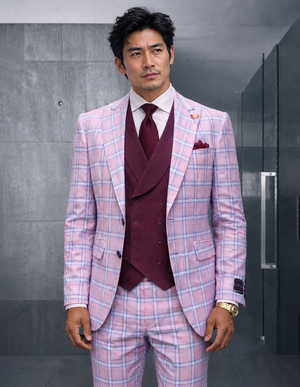 Statement Men's Wool Windowpane Suit Peak Lapel Tailored Fit Mauve Diego Modern Fit