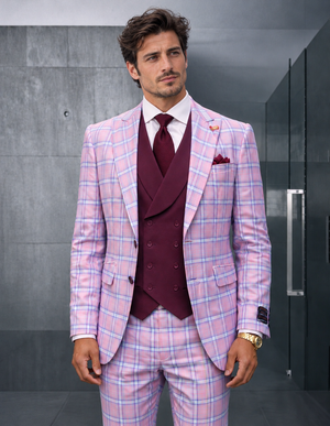 Statement Men's Wool Windowpane Suit Peak Lapel Tailored Fit Mauve Diego Modern Fit