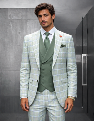 Statement Men's Wool Windowpane Suit Peak Lapel Tailored Fit Mint Diego Modern Fit