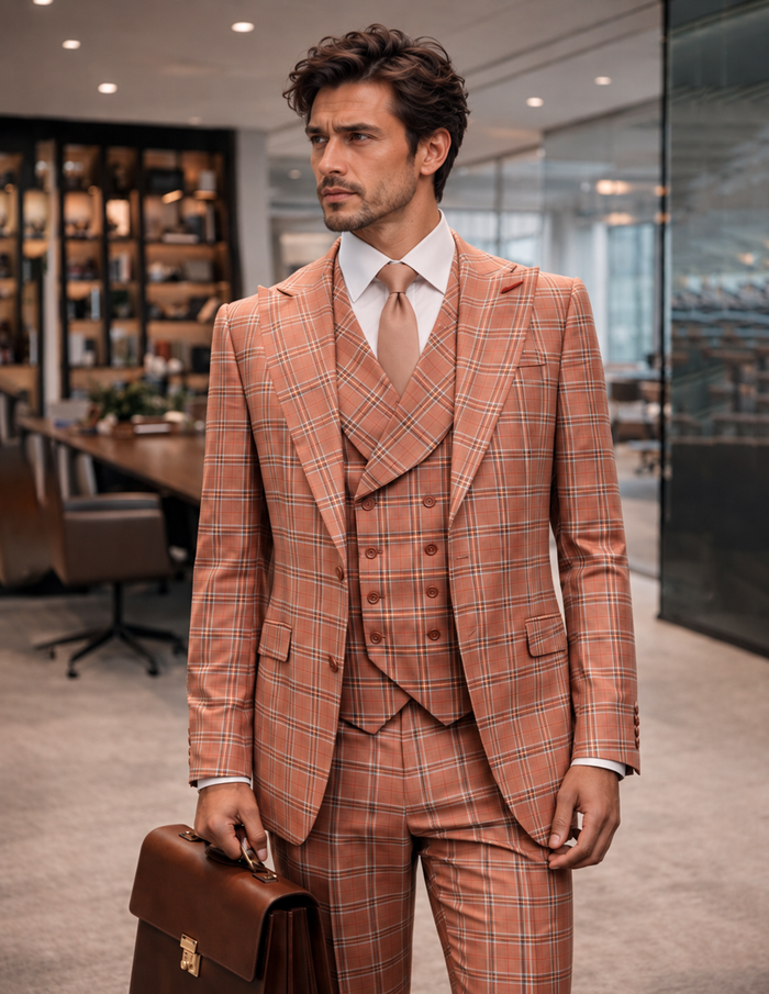 Statement Mens 3 Piece 100% Super Wool Windowpane Suit – Double Breasted Vest, Peak Lapel Modern Fit