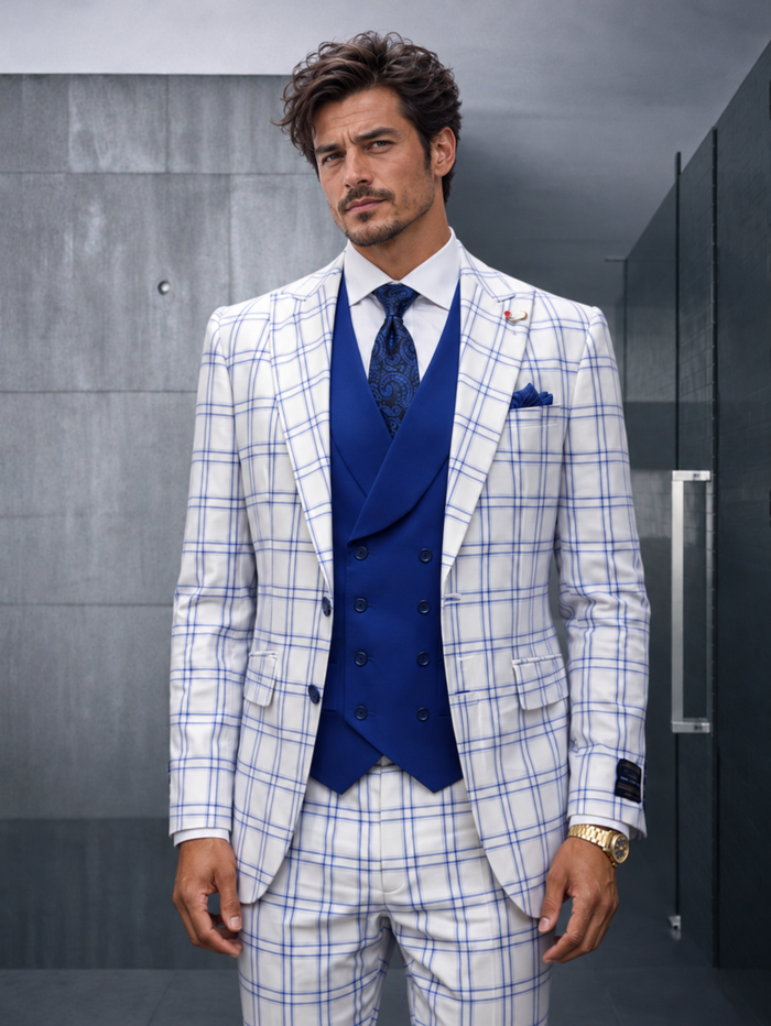 Statement Mens 3 Piece 100% Super Wool Windowpane Suit – Double Breasted Vest, Peak Lapel Modern Fit