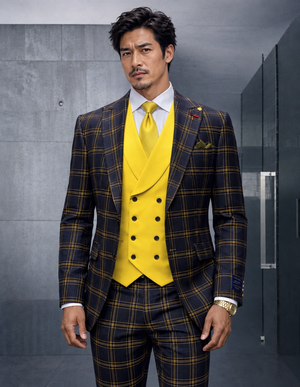 Statement Mens 3 Piece 100% Wool Windowpane Plaid Suit – Solid Color Double Breasted Vest Modern Fit