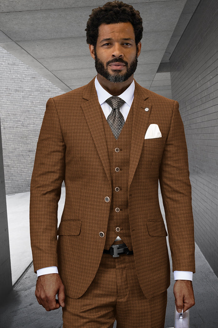 Men's Two Button Modern Fit Designer Vested Wool Suit in Copper Micro Plaid