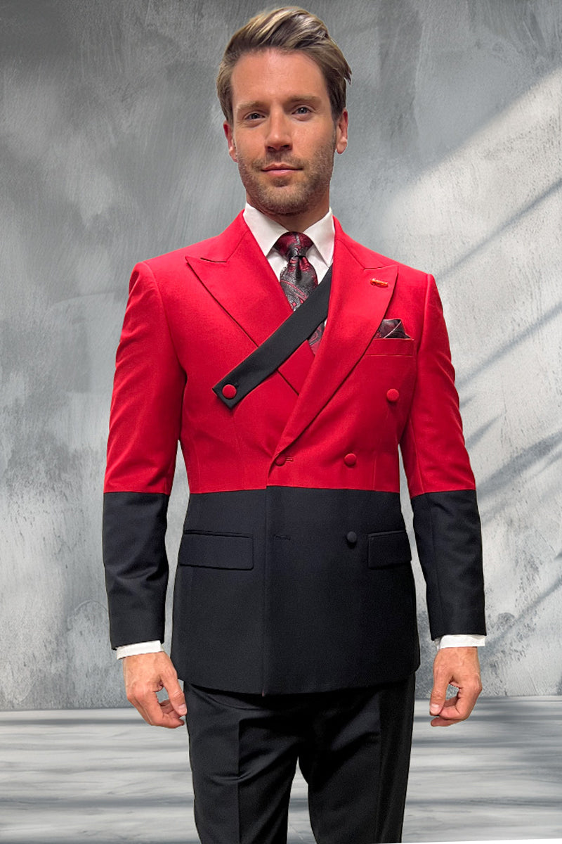 Men's Designer Wool Double Breasted Suit in Dipped Two Tone Black & Red Modern Fit