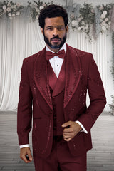 Men's Designer Wool Shawl Lapel Vested Tuxedo with Rhinestones in Burgundy