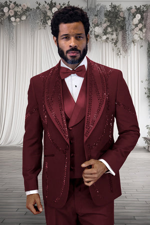 Men's Designer Wool Shawl Lapel Vested Tuxedo with Rhinestones in Burgundy