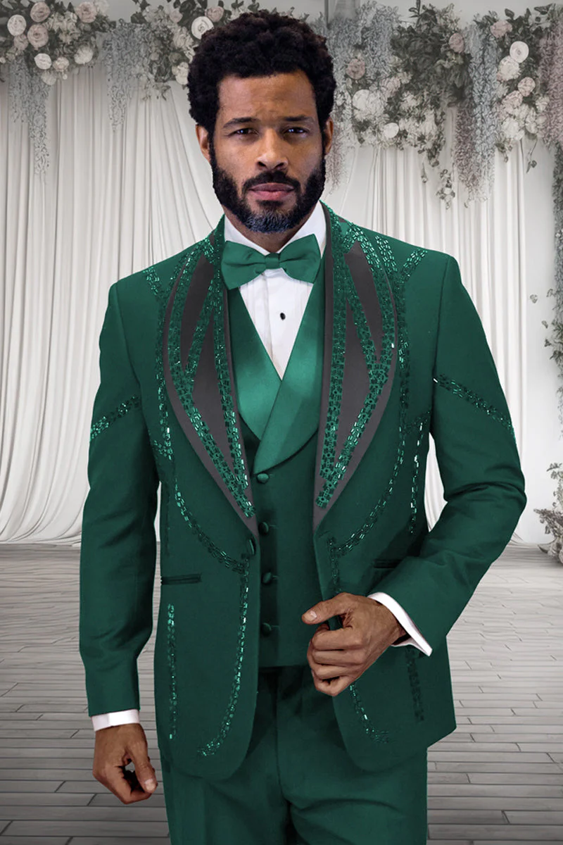 Mens Hunter Green Suit - Mens Designer Wool Shawl Lapel Vested Tuxedo with Rhinestones in Hunter Green