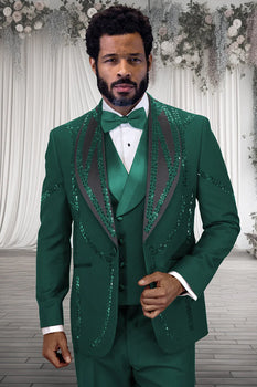 Mens Hunter Green Suit - Mens Designer Wool Shawl Lapel Vested Tuxedo with Rhinestones in Hunter Green