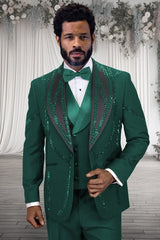 Men's Designer Wool Shawl Lapel Vested Tuxedo with Rhinestones in Hunter Green