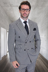 Men's Designer Wool Double Breasted Suit in Black & White Houndstooth Modern Fit