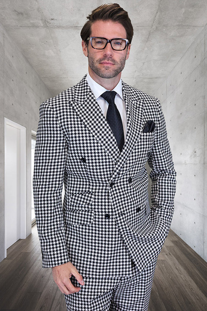 Men's Designer Wool Double Breasted Suit in Black & White Houndstooth Modern Fit