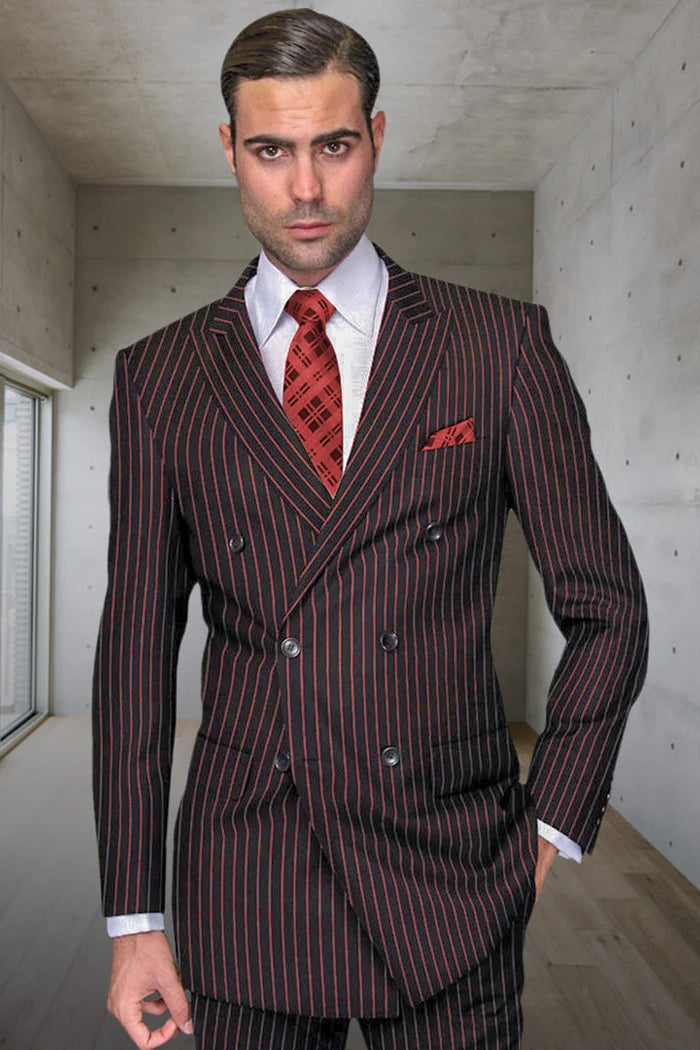 Men's Designer Double-Breasted Wool Suit in Black and Red Gangster Pinstripe