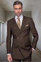 Men's Designer Double Breasted Wool Suit in Bold Brown Gangster Pinstripe Modern Fit