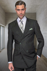 Mens Hunter Green Suit - Mens Designer Double Breasted Wool Suit in Bold Hunter Green Gangster Pinstripe Modern Fit