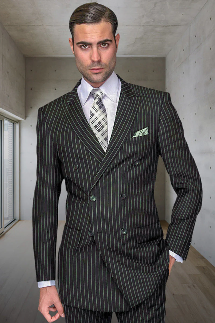Mens Hunter Green Suit - Mens Designer Double Breasted Wool Suit in Bold Hunter Green Gangster Pinstripe Modern Fit