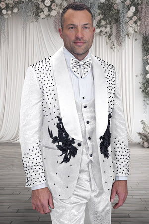Men's Designer Floral Rhinestone Prom & Wedding Tuxedo in Black & White