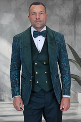 Mens Hunter Green Suit - Mens Tonal Paisley Wedding and Prom Tuxedos with Velvet Lapel and Vest in Hunter Green