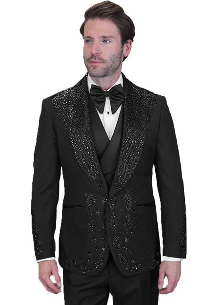 Men's Designer Embelished Rhinestone Jacquard Pattern Wedding & Prom Tuxedo in Black