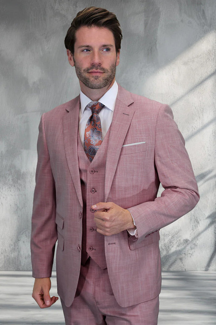 Men's Designer Two Button Vested Summer Sharkskin Wool Suit in Blush Pink Modern Fit