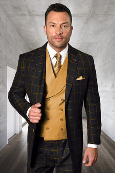 Men's Designer Two Button Vested Wool & Cashmere Suit in Black & Taupe Windowpane Plaid