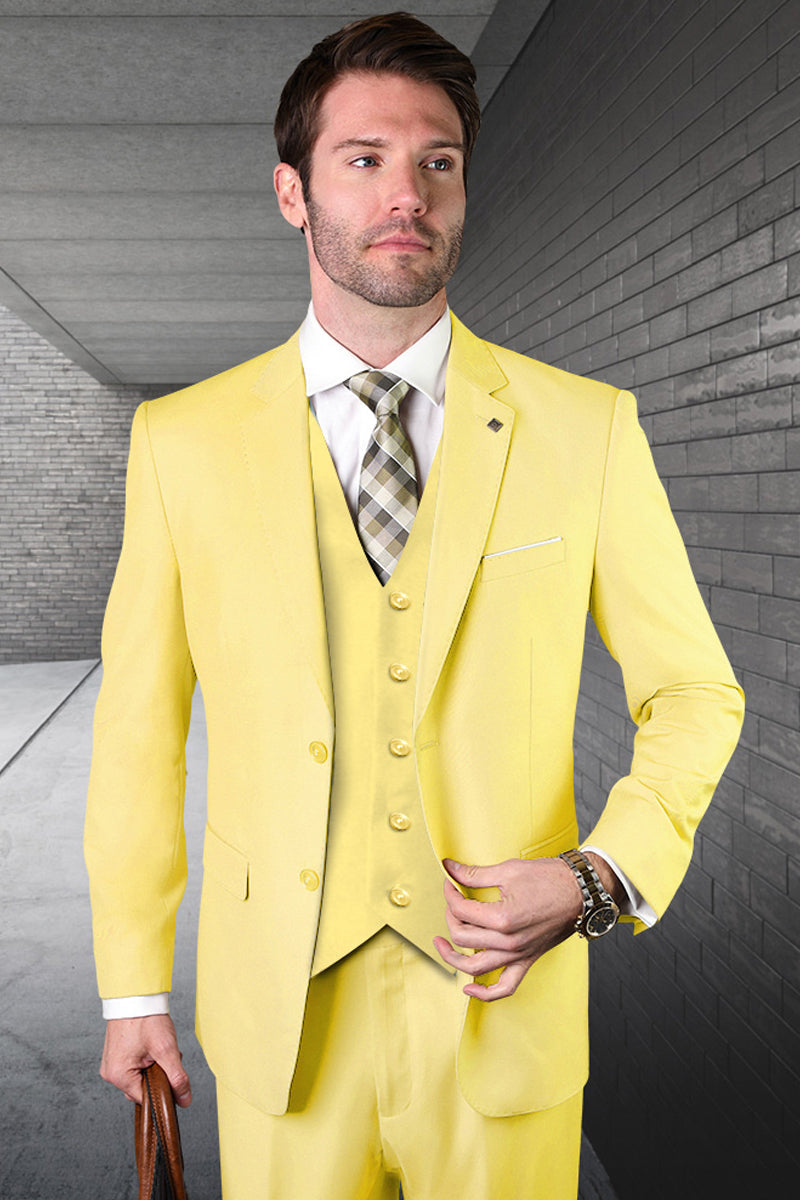 Men's Designer Vested Modern Fit Wool Business & Wedding Suit in Yellow Modern Fit