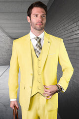 Men's Designer Vested Modern Fit Wool Business & Wedding Suit in Yellow Modern Fit