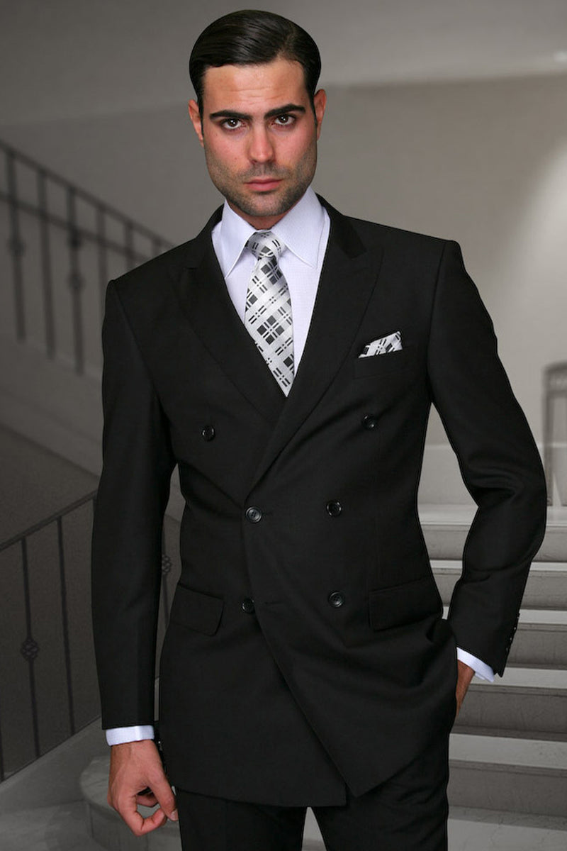 Men's Designer Double Breasted Wool Suit in Black Modern Fit
