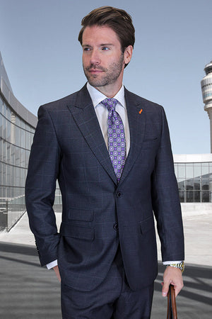 Men's Designer Two Button Peak Lapel Wool Suit in Dark Grey Windowpane Plaid