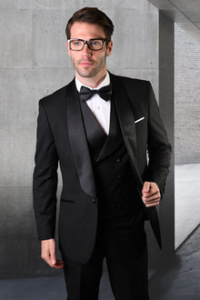 Men's Designer Wool Classic Wide Shawl Tuxedo with Double Breasted Vest in Black