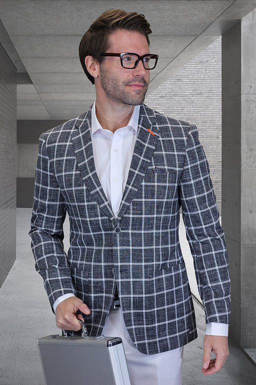 Mens Black Blazer - Men's Modern Fit Patch Pocket Designer Wool Summer Blazer in Black Windowpane Plaid