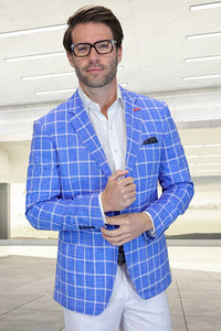 Men's Modern Fit Patch Pocket Designer Wool Summer Blazer in Steel Blue Windowpane Plaid
