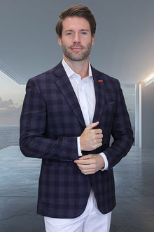 Mens Black Blazer - Men's Modern Fit Patch Pocket Designer Wool Summer Blazer in Black Plaid