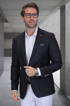 Mens Black Blazer - Men's Modern Fit Patch Pocket Designer Wool Summer Blazer in Black Windowpane Check
