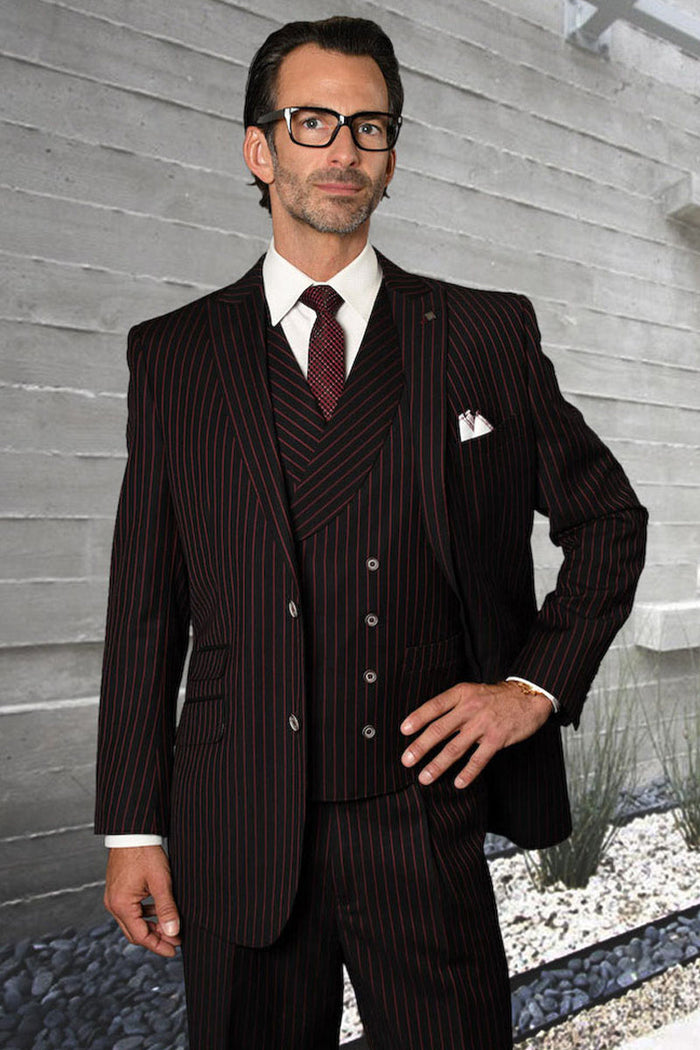 Men's Designer Wool Pleated Pant Vested Suit in Bold Black & Red Gangster Pinstripe Modern Fit