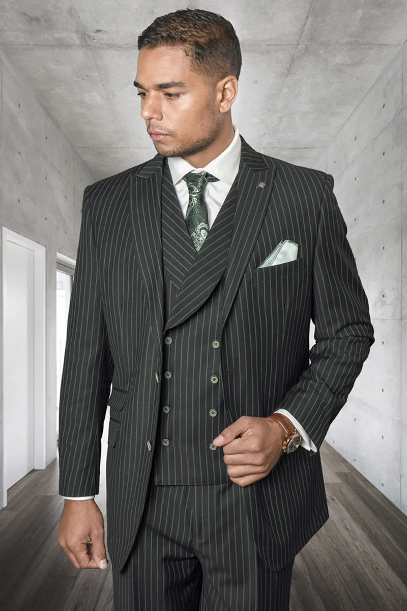 Mens Hunter Green Suit - Mens Designer Wool Pleated Pant Vested Suit in Bold Hunter Green Modern Fit  Gangster Pinstripe