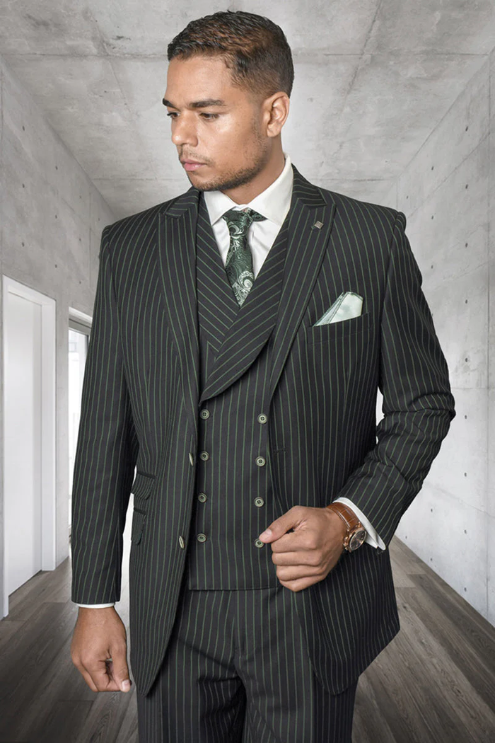 Mens Hunter Green Suit - Mens Designer Wool Pleated Pant Vested Suit in Bold Hunter Green Modern Fit  Gangster Pinstripe