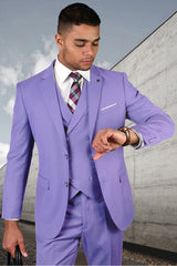 Men's Designer Double Breasted Vest Wool Wedding Suit in Lavender Modern Fit