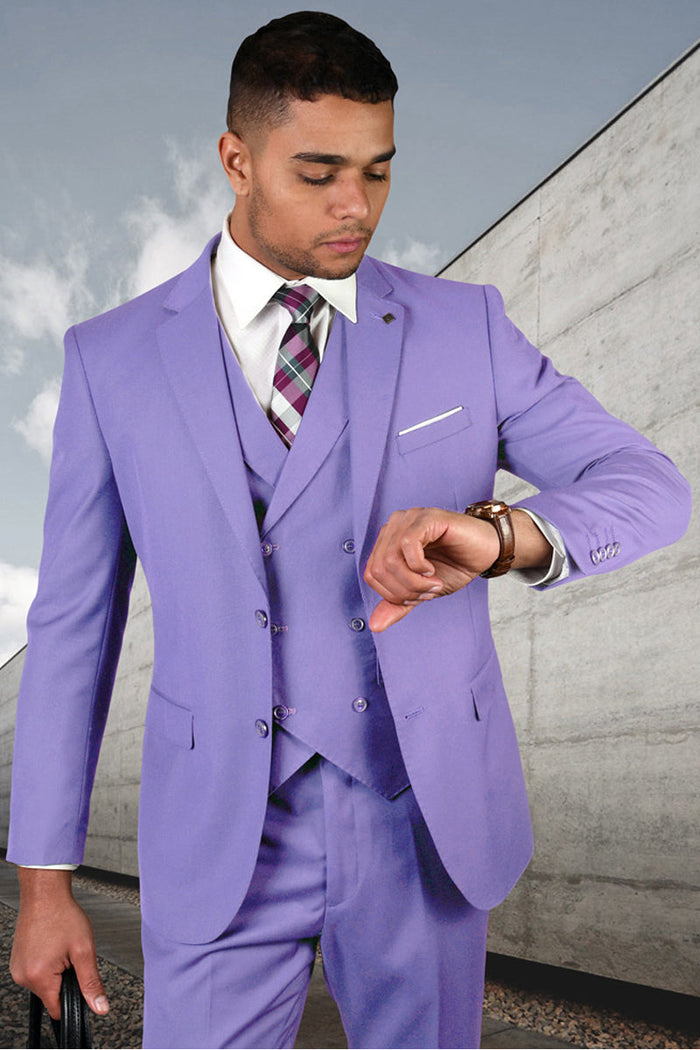Men's Designer Double Breasted Vest Wool Wedding Suit in Lavender Modern Fit