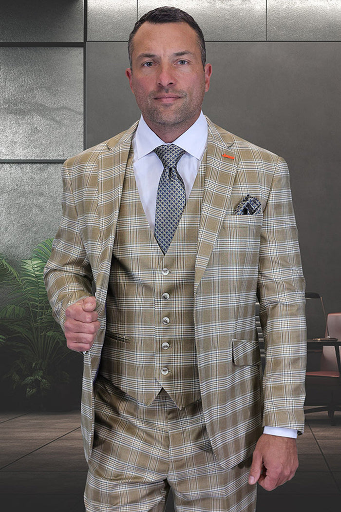 Men's Designer Two Button Modern Fit Vested Wool Suit in Tan Glen Plaid