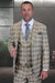 Men's Designer Two Button Modern Fit Vested Wool Suit in Tan Glen Plaid