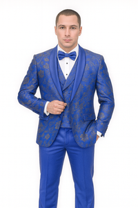 Statement Men's Royal Blue Patterned Vested Tuxedo with Bowtie