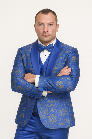 Statement Men's Royal Blue Patterned Vested Tuxedo with Bowtie