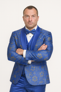 Statement Men's Royal Blue Patterned Vested Tuxedo with Bowtie