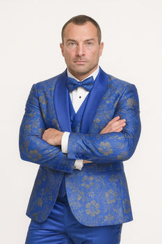 Statement Men's Royal Blue Patterned Vested Tuxedo with Bowtie