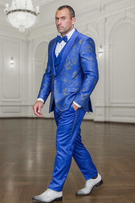 Statement Men's Royal Blue Patterned Vested Tuxedo with Bowtie