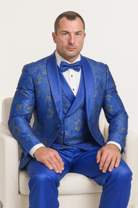 Statement Men's Royal Blue Patterned Vested Tuxedo with Bowtie